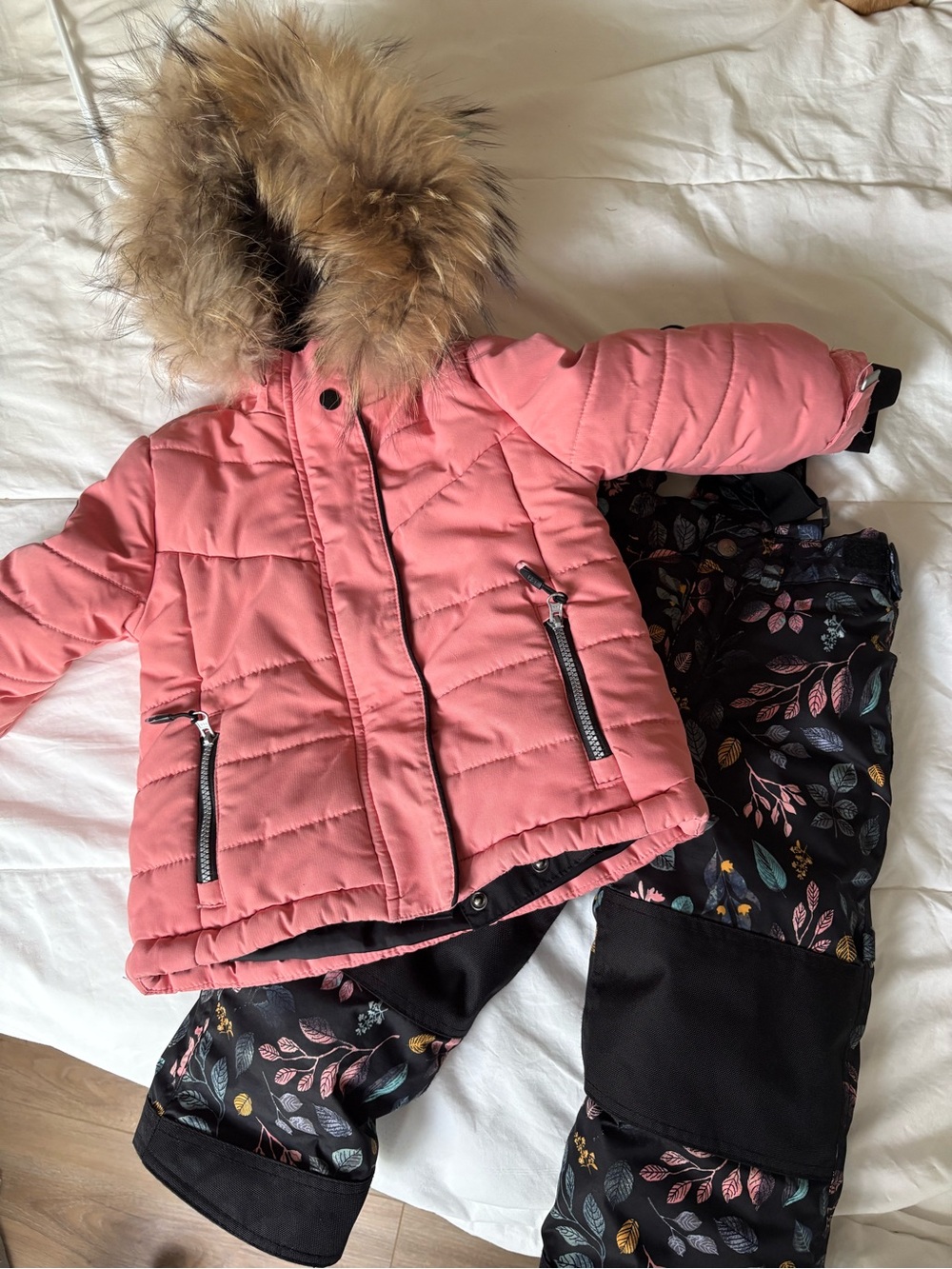 Kids Pink Winter Jacket and Snow Pants Set - Faux Fur Hood